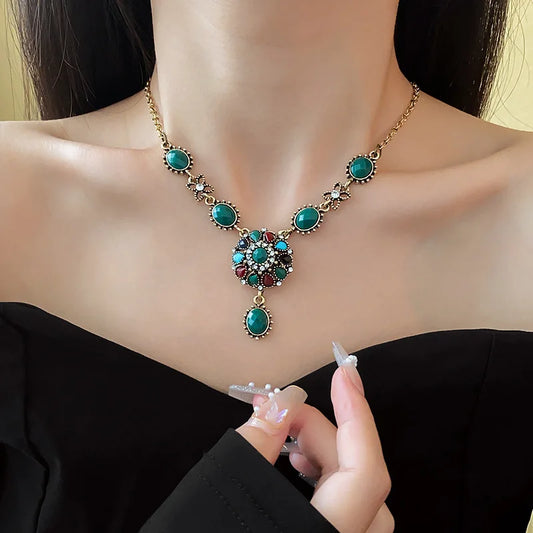 Colorful Rhinestonewater Drop Round Flower Necklaces for Women Vintage