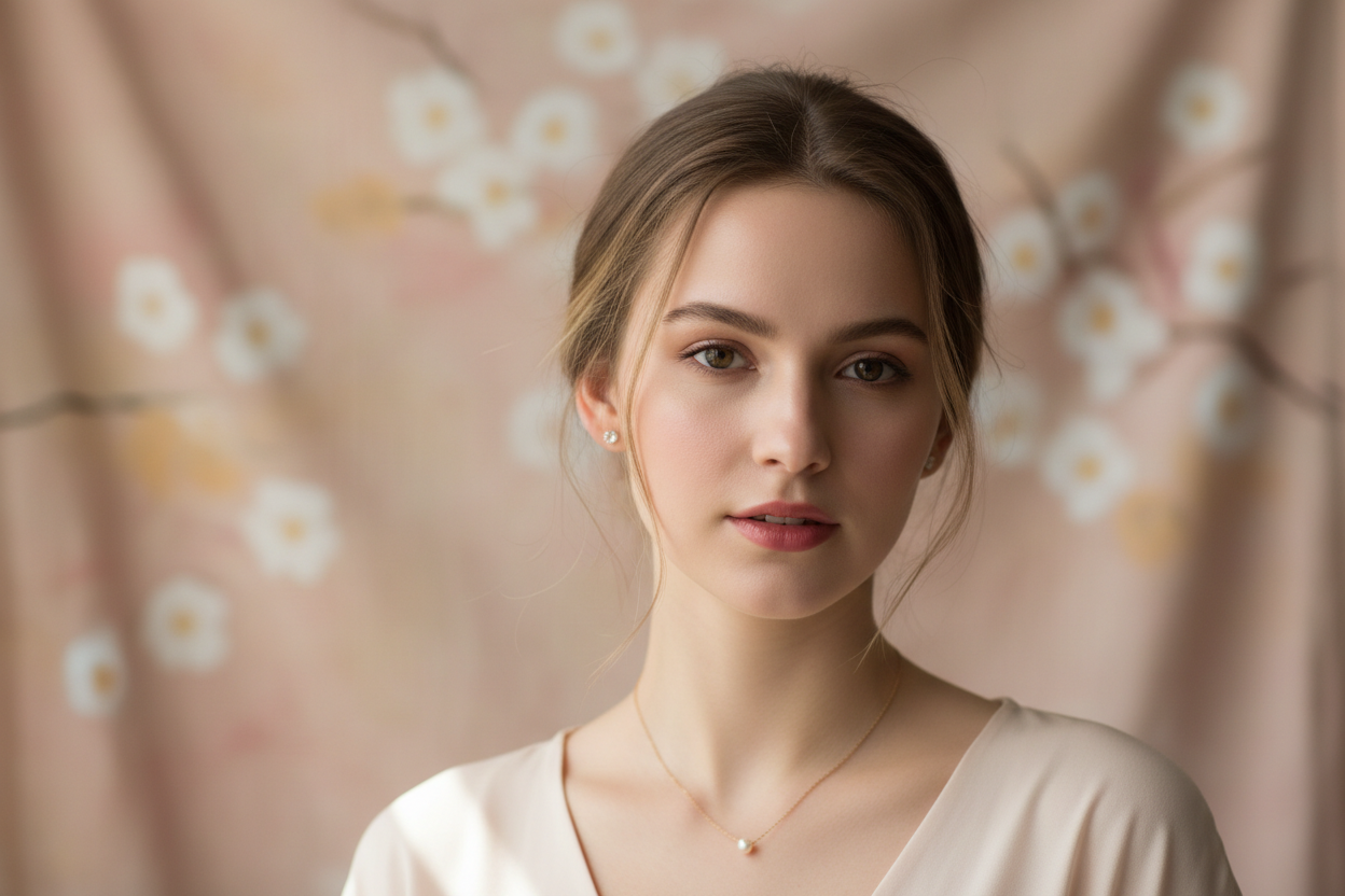 i need imag a girl with mnium jewllery weraning and it should be rose light cloor/ beige/white and softy